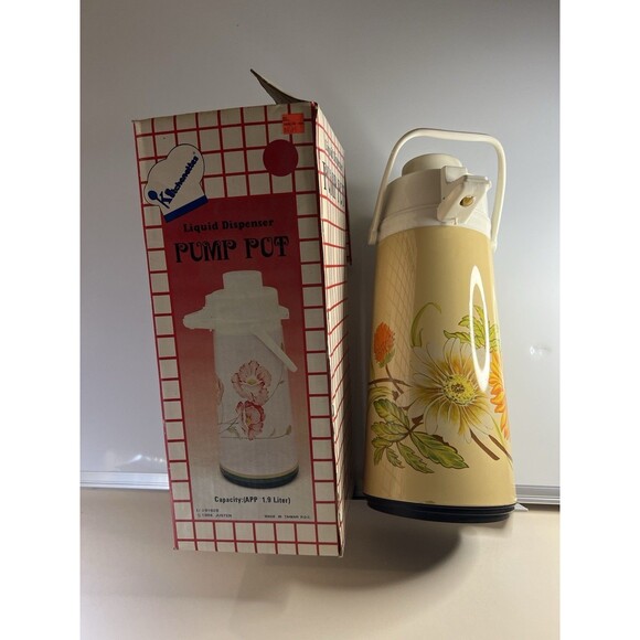 Kitchenettes Justen Air Pot Pump Dispenser Hot Cold Floral 1.9 Liter 1984 W/box - Picture 1 of 8
